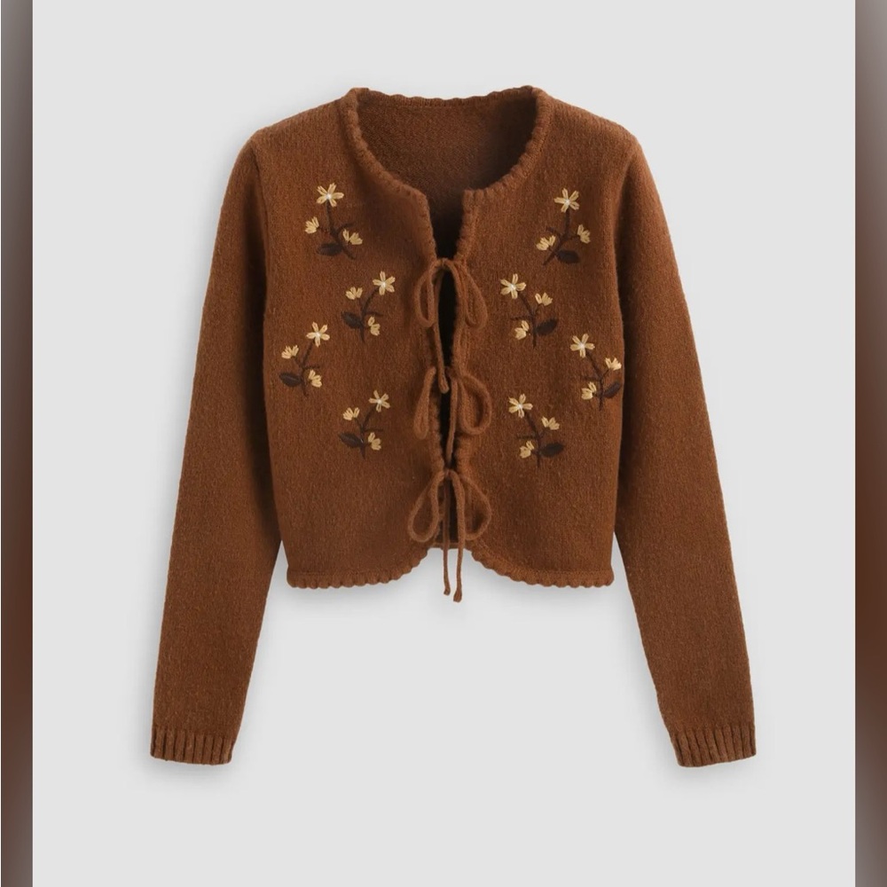 Cider Brown Floral Embroidery Women's Sweater - Picture 4 of 10